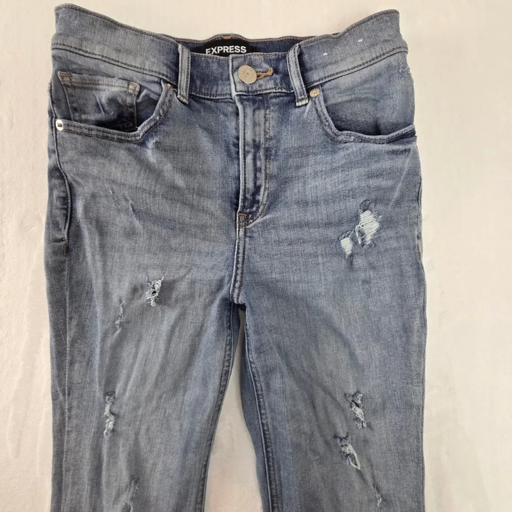 Express Cropped Bell Flare Jeans Womens 0 Blue‎ Distressed High Rise Raw Hem